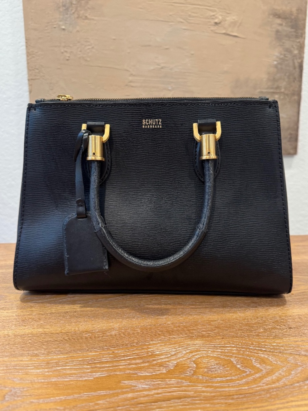 Schutz Black Structured Satchel Handbag Gold Hardware Classy Everyday Work Bag
